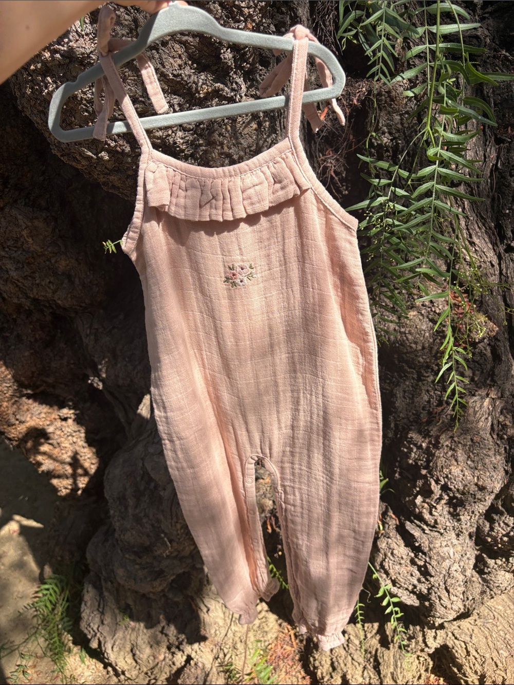 Jamie Kay Blush Pink Ruffle-Strap Romper with Embroidery